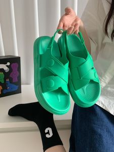 Thin Sandals Female Summer Student Sports Style Personal Korean Style Ins Internet Celebrity Green Cross Flat Beach Shoes