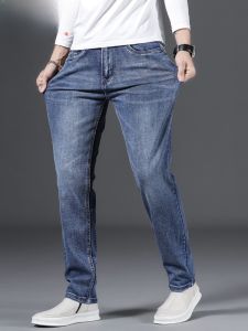 HENGYUANXIANG | Spring Autumn High End Mens Jeans Elastic Straight Leg Casual Light Color Long Pants Youth Fashion Urban Wear Cotton Polyester Blend