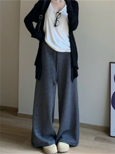 Loose Wide Leg Pants Womens Autumn Loose Slimming Sporty Sweatpants Casual Floor-Length Trousers High Waist Stripe Pattern