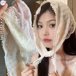 【Bubble Star】Korean Girls Printed Turban Lolita Silk Scarf Bandanas Lace Triangular Scarf French Floral Lady Headband Women Hair Accessories