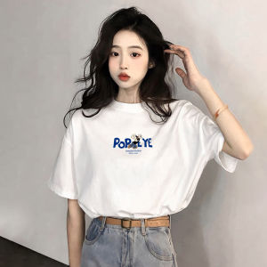 White Loose Fit Womens T-Shirt Short Sleeve Korean Style Casual Cotton Summer Fashion Trendy Top Slimming Effectiveness