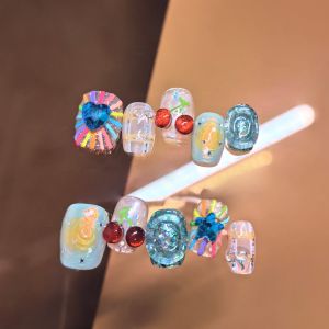 Handmade Short Wearing Nail Tips Cherry Pattern 3D Printed Bright Color Spring Dopaamine Checkered Design Nail Art Accessories