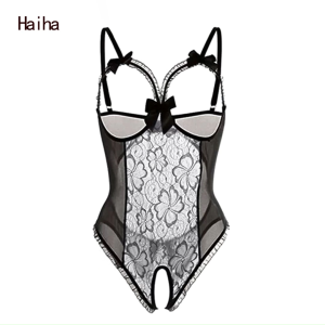 Haiha Lace Mesh See-Through Crotchless Lingerie Bodysuit with Bow Decor and Hollow Out Design