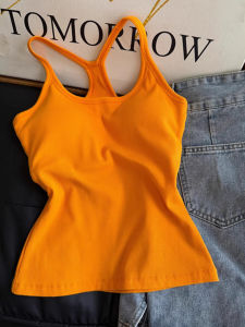 American Style Orange Yellow Strap Vest Women Summer Outdoor High Sensation Beautiful Back Bra Integrated Pad Halter Neck Top