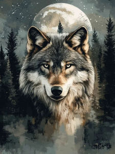 Huacan Full Diamond Painting Full Moon Forest Grey Wolf Diamond Mosaic Animal Complete Kit Decorative Paintings