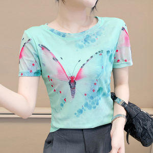 Yimei 2025 Mùa Hè Mới Lưới Định Vị ngắn tay in họa tiết Bow Áo phông in hình cổ tròn co giãn ôm gọn Lớn áo thanh lịch Cho Phụ Nữ