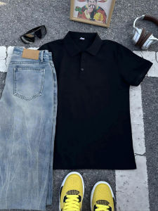 เสื้อโปโลแขนสั้นสีดำสำหรับผู้ชาย ทรงหลวม สไตล์ลำลอง สำหรับฤดูร้อน ดีไซน์ด้วยผ้าโพลีเอสเตอร์และ Viscose