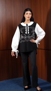 Mayoutfit.id Zeyle Blouse | Blus Poplin Wanita Peterpan Flat Collar Kombinasi Bordir Layer Scallop