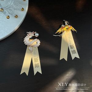 Elegant Dragon And Phoenix Pearl Brooch Pin with Diamond Embedded for Wedding Dress Accessories Father Mother Pin Groomsmen Bridesmaids