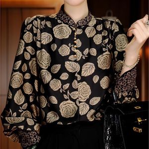 Elegant Spring 2025 Long Sleeve Printed Top Womens Fashion Slimming Belly Covering Versatile Casual Shirt Korean Style T-shirt