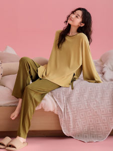 Soft Comfortable Cotton Long Sleeve Green Loose Round Neck Sleepwear