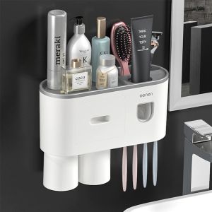 Wall Mounted Magnetic Toothbrush Holder Household Automatic Toothpaste Squeezer Integrated Cup and Toothbrush Rack
