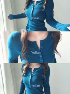DUOFEIYAN | Korean Style Blue Knit Top Slim Fit Autumn Winter Design