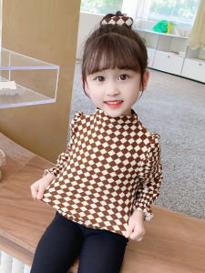 Girls Plaid Long Sleeve T-Shirt Half High Collar Base Shirt Inner Wear Children Spring Autumn Fashion Baby Cotton Checkered Top