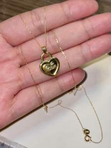 PAWNABLE 18K Saudi Gold Lightweight Rolo Chain(18" thin) with 18K Gold Heart Love Lock Pendant(Open backlightweight )