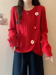 plus Size Winter Thickened Knitted Sweater Womens New Year Red Slimming Belly Covering Open Cardigan Top for plus Size Women