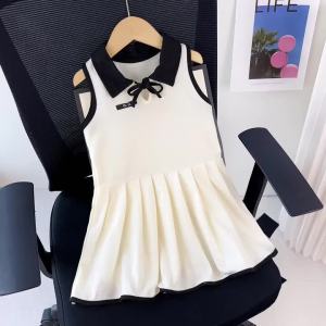 2 3 4 5 6 7-year-old Girl Casual Clothes Black and White Korean Version Lapel Sleeveless Pleated Vest Dress Summer Thin