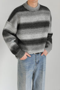 ZPZ Mens Knitted Wool Sweater round Neck Loose Fit Overhead Winter Fashion Striped Casual Long Sleeve Youth Style Knitwear