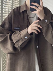 American Retro Waffle Shirt Mens Spring and Autumn Trends Minimalist Workwear Tops Loose Easiest for Match Casual Jacket Coat