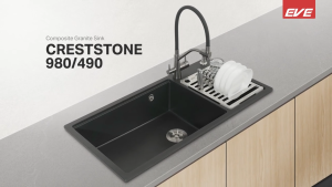 (Eve) ซิงค์แกรนิต ซิงค์ล้างจานสีดำ CRESTSTONE 980/490 BLACK ฟรี เขียงไม้ ขวดกดน้ำยา อื่นๆ