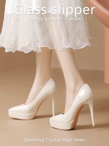 Padded Heel Waterproof Platform Painted Leather Pointed Toe Versatile Single Shoes Womens 2025 Autumn New 12cm Thin Heel Ultra High Heels