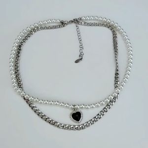 【Pharaoh🎀COD】 Kalung Kepribadian Mode Rantai Klavikula Model Double Mutiara Warna Hitam Liontin Berbentuk Hati Gaya Retro Untuk Wanita