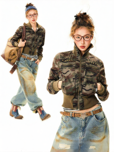 youngstage | Áo Khoác Nữ Vintage Phong Cách Ngắn Dập Vai Camouflage