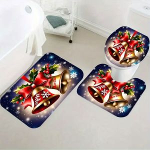 VIKAMA 3pcs Christmas Bathroom Mat Set Red Plaid Deer Snowflake Non Slip Toilet Floor Mat Home Decoration