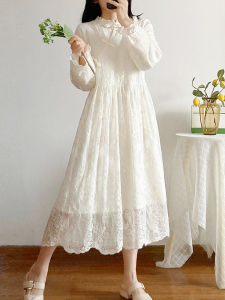 Autumn Winter Thickened Fleece New Chinese Retro Style Embroidered Dress Anti-Aging Midi Loose Lace Dress Womens Fashion