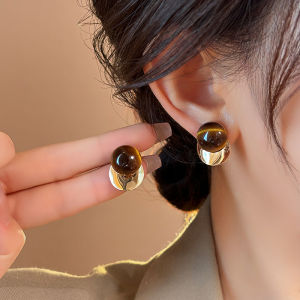 Golden round Tiger Eye Stone Earrings Luxury Feelings Womens Fashion Jewelry Hoops Elegant Autumn Winter Ear Jewelry