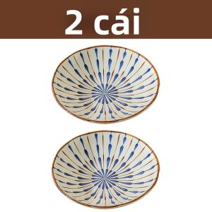 2 Chiếc Nhật Bản Retro Gốm Sứ Ăn Tối Đĩa Tròn Sâu Họa Tiết Hình Học Vi Sóng An Toàn Đĩa Pasta Nhà Bếp Bộ Đồ Ăn