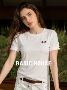 Basic House | White Short Sleeve T-Shirt with Smile Embroidery and Button Design