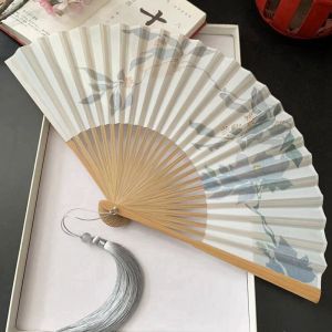 Water-Mark Dance Fan Womens Style Summer Folding Bamboo Fan with Chrysanthemum for Qipao Traditional Chinese Hanfu Costume