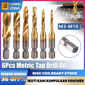 Mata Bor 6PCS Pembuat Ulir Drat Drill Tap Set Twist Spiral Tapper Baut Bit Drilling Tapping Deburring Benang Metrik M3-M10 Set Dilapisi Titanium Bor HSS dan Tekan Bit 1/4 Hex Shank Shank Berlapis Titanium HSS Ulir Sekrup Bit