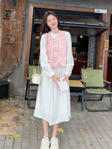 New Chinese Style Pink Vest Dress Set Women Spring Autumn 2025 Popular National Trend Two Piece Set Sweet Style Long Sleeve
