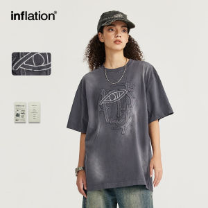 INFLATION brand Mens Youth Fashion Wash Water Patch Embroidered T-shirt 2024 Spring/Summer New Product Trendy Brand Loose Personalized Retro Street Short Sleeve