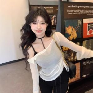 Spicy Girl Shoulder Bared Long Sleeve T Shirt Women Summer Design Sense Uneven Drawstring Waist Slimming Sun Protection Shirt See through Top