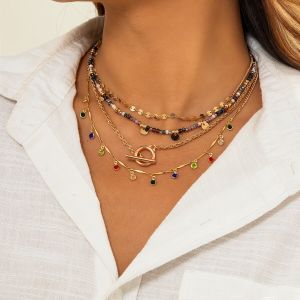 4 Cái/bộ Boho Nhiều Màu Sắc Pha Lê Đầm Tua Rua Mặt Dây Chuyền Vòng Cổ Choker Nữ Hợp Thời Trang Mùa Hè Vintage OT Khóa Dây Xích Y2K Bộ Trang Sức