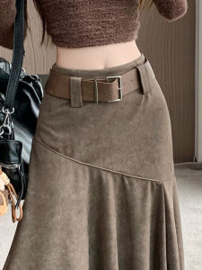 Váy Midi Chữ a Cạp Cao Màu Kaki Cổ Điển Cho Nữ Mùa Thu Không Đều Dáng Chữ a Váy Dài Thẳng Ôm Sát Đa Năng