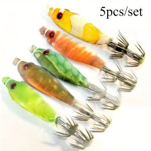Ackibbik 5pcs/set Squid Jig Hook Glow-in-the-dark Squid Hook Glow Tube Wooden Shrimp Fishing Soft Bait Fishing Supplies Octopus