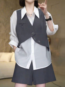 Elegant Long Sleeve Thin Shirt Loose Splicing Fake Two-Piece Top Summer Casual Short Pants Womens Slimming Fashion Set