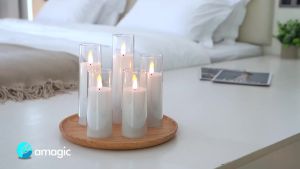 Amagic Pure White Flameless Candles Battery Operated Candles Acrylic Flickering LED Pillar Candles with Remote Control and Timer 3D Wick Yellow and Blue Glow D2.2 xH5 5" 6" 7" 8" Set of 5