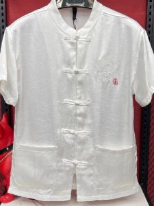 New Chinese Style Mens Short Sleeve Shirt Breathable Embroidered Stand Collar Open Cardigan Comfortable Summer Fashion Urban Casual