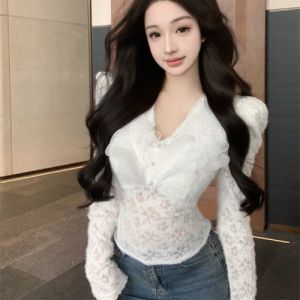 GUZILIAN | French Style White V-Neck Lace Shirt Womens Autumn Winter Slim Fit Long Sleeve Top Butterfly Waist Cinched Korean Commute Style