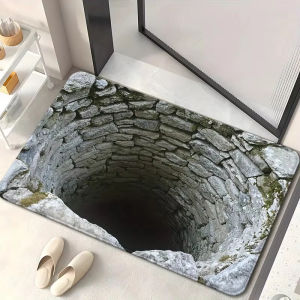 Stone Built Water Well 3D Visual Flat Pattern Design Floor Mat for Household Bathroom Door Absorbent Non Slip Flannel Foot Mat