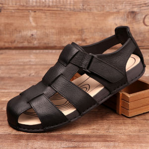Leather Sandals Breathable Soft Bottom Beach Shoes Middle Aged And Elderly Mens Summer Casual Slip-On Flats with Toe Cover