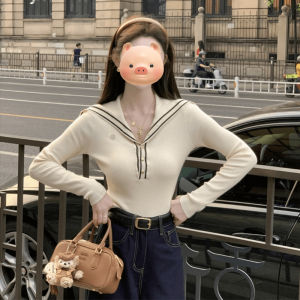 BINKAFENNY | Slim Fit Long Sleeve Knitted Navy Collar Top For Women Early Autumn Inner Wear Short Style Base Layer Shirt College Style