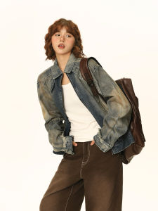 เสื้อแจ็คเก็ตยีนส์ทรงหลวมสไตล์ย้อนยุคสำหรับผู้หญิง ฤดูใบไม้ผลิและฤดูใบไม้ร่วง 2025 ผ้าเดนิมผสมคอตตอนและโพลีเอสเตอร์