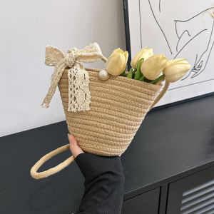 Túi Đeo Chéo Đan Bằng Rơm Mùa Hè Phong Cách Hàn Quốc Túi Đeo Vai Đơn Thắt Nút Bướm Ren Túi Đeo Vai Bằng Vải Cotton Pha Trộn Túi Đeo Vai Mềm