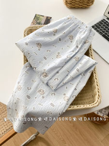 กางเกงนอนผ้าไหมคอตตอนลายหมาสุนัขสำหรับผู้หญิง กางเกงขายาวลำลองสำหรับใส่อยู่บ้านในฤดูใบไม้ร่วงและฤดูใบไม้ผลิ กางเกงเดินเล่นขนาดใหญ่สำหรับคุณแม่มีครรภ์